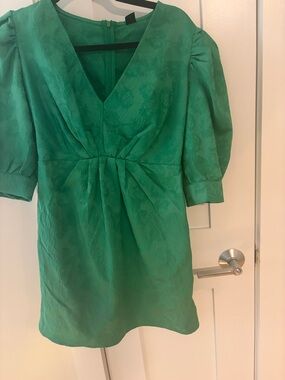 SHEIN Emerald Green V-Neck Puff Sleeve Mini Dress
